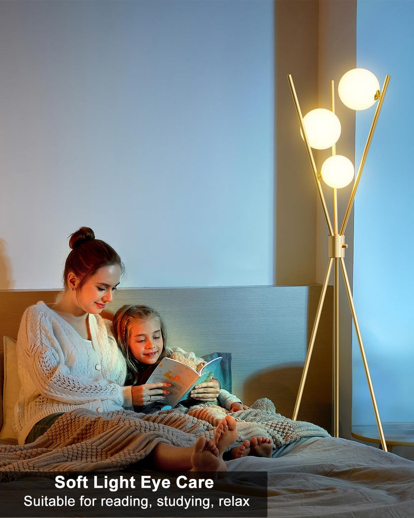 Tripod Floor Lamp Stepless Dimmable Globe Modern Floor Lamp Gold Standing Lamps with Stable Base& 3PCS 3000K Bulbs