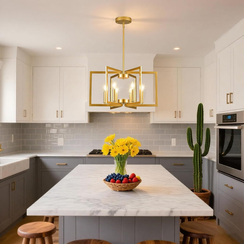 Modern Gold Chandelier 6 Light Height Adjustable Geometric Metal Farmhouse Hanging Light Fixture for Dining Room Over