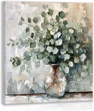 Framed Eucalyptus Leaf Wall Art, Green Botanical Wall Decor, Vintage Floral Canvas Painting, Soft Neutral Rustic