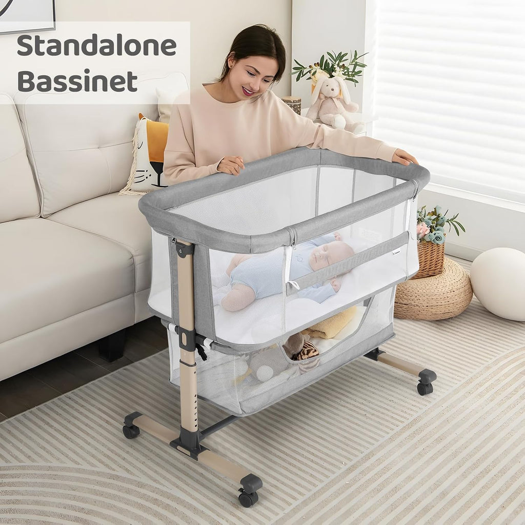 Bassinet Bedside Sleeper, Breathable and Adjustable, Light Grey | 0-5 Months Baby Infant, Co-Sleeping, 6 Heights