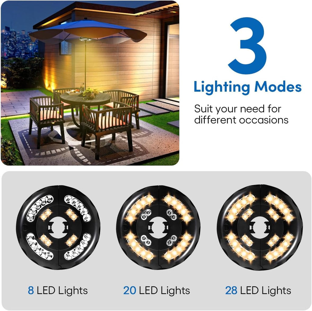 Dual-Power Patio Umbrella Light-Rechargeable & Battery Operated Umbrella Lights,3 Lighting Modes Cordless,Umbrella Pole