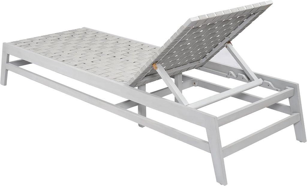 Rope Chaise Lounge with Acacia Wood Frame, Adjustable Backrest Single Lounge Sofa, Patio Sun Lounger Recliner