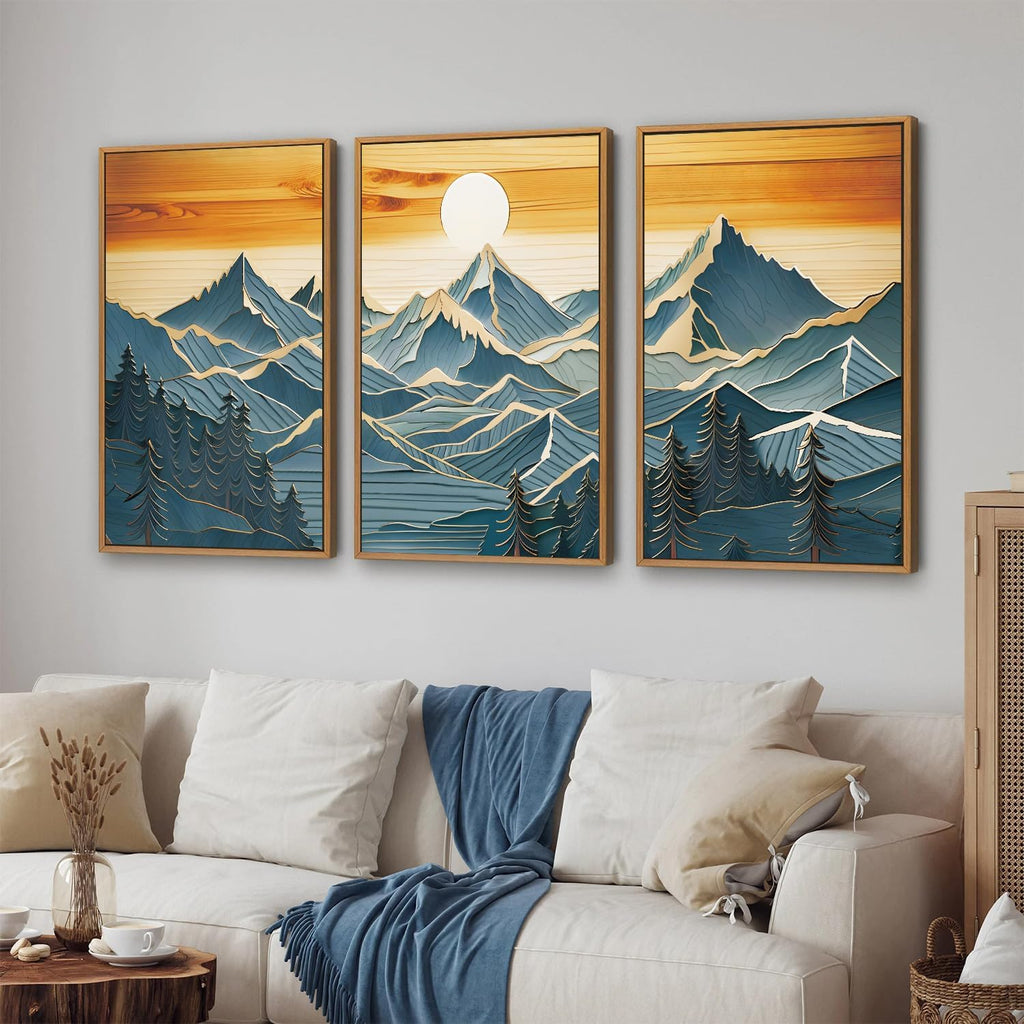 Large Mountains Framed Canvas Wall Art Set of 3, Boho Nature Woodcut Forest Art Prints, Mid Century Modern Wall