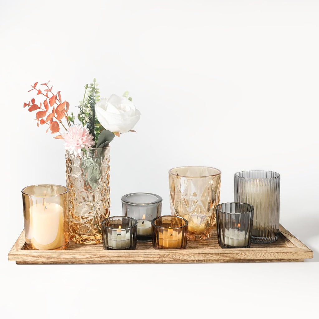 Rustic Wooden Tray with 8 Brown Glass Votive Candle Holders, Decorative Tea Light Holder Set for Mantel, Centerpiece