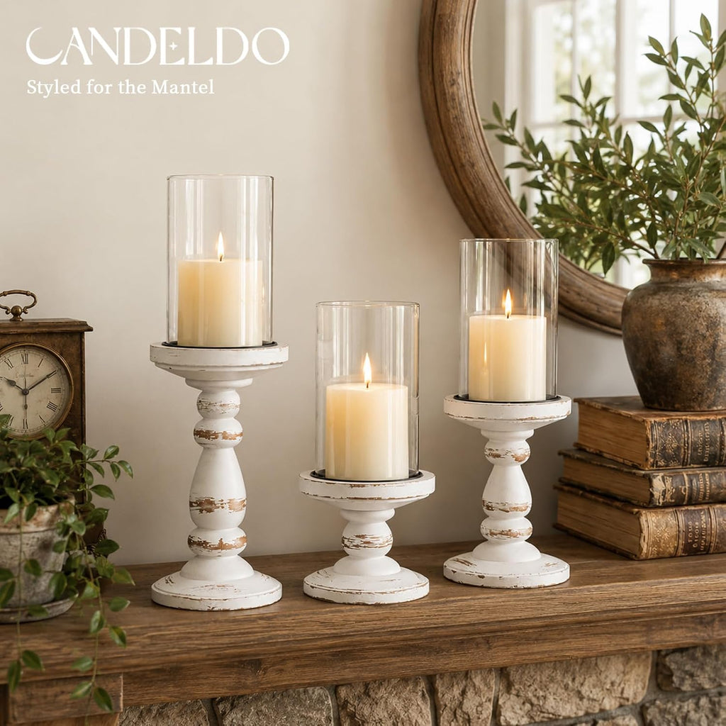 White Wooden Hurricane Candle Holders for Pillar, Farmhouse Decor | Set of 3 Vintage Rustic Farmhouse Candlestick