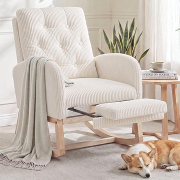 Modern Nursery Rocking Chair with Footrest, Corduroy Upholstered Recliner Glider Chair with Diamond Shape Back