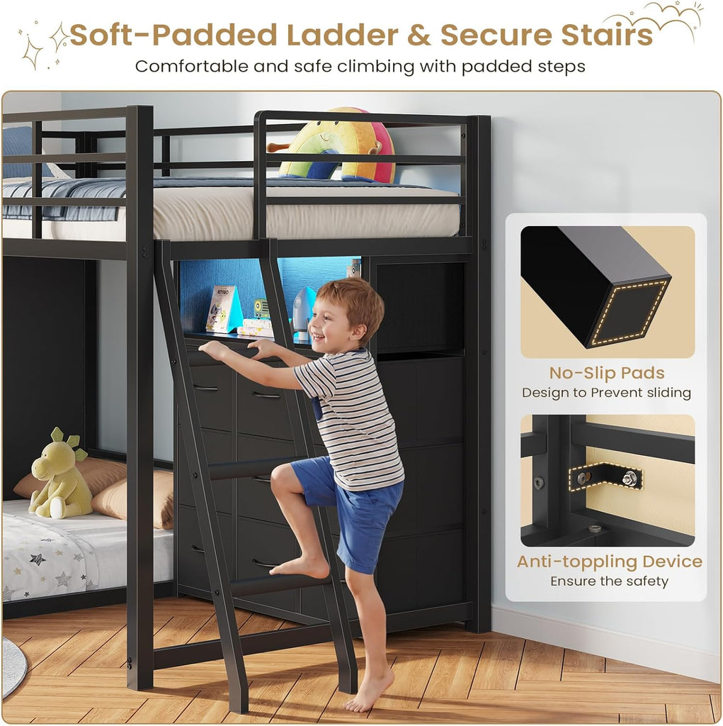 Low Bunk Bed Twin Over Twin with 9 Storage Drawers, L-Shaped Twin Bunk Beds with LED Lights & Play Area