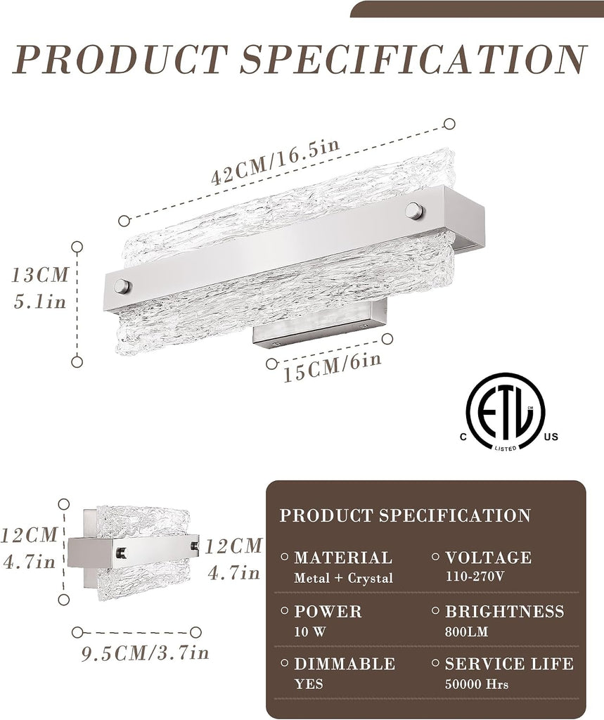 Brushed Nickel Bathroom Vanity Light, 16.5 Inch 10W Dimmable LED Bathroom Light Fixture Over Mirror, Modern Crystal