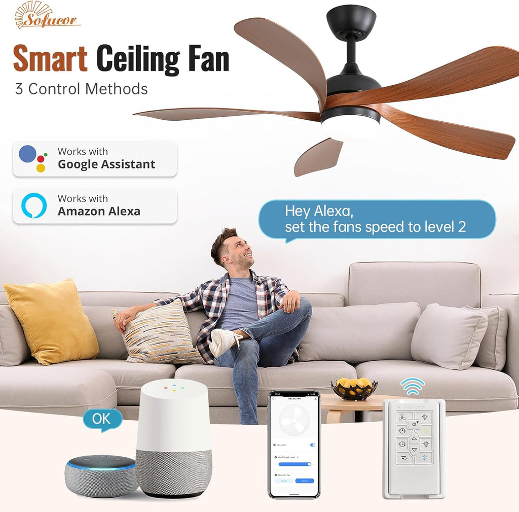 52 Inch Smart Ceiling Fan with Light, Modern Ceiling Fan with Dimmable Memory LED, Compatible with Alexa/Google/App