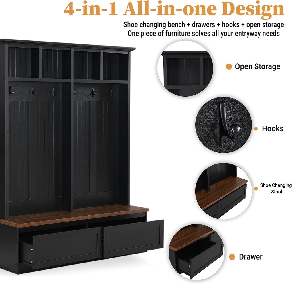 55.9" W Hall Tree with Bench and Shoe Storage,Shoe and Coat Rack with Drawer and Hooks,Farmhouse Furniture