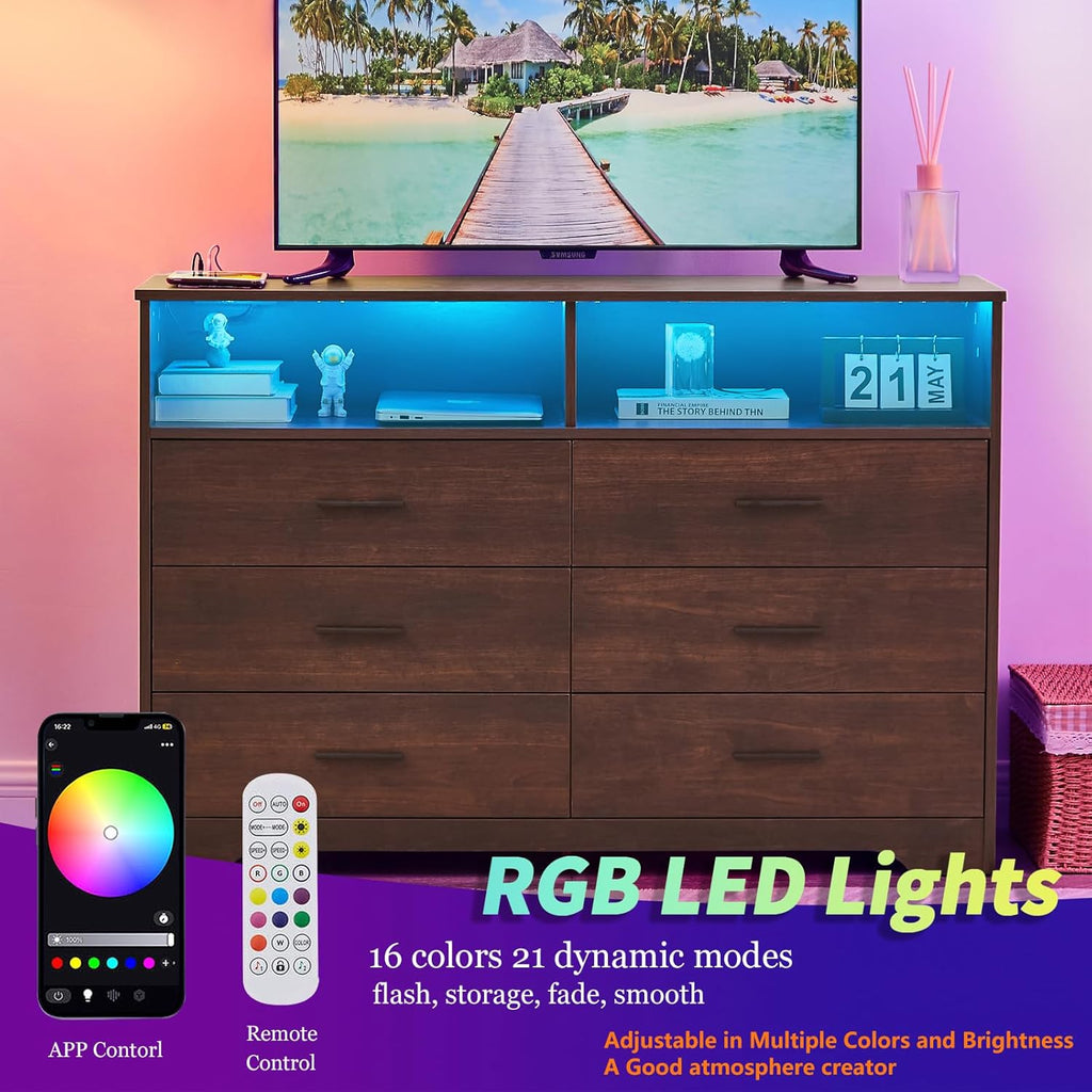 Cherry Wood Dresser , TV Stand with Charging Station & LED Light | 6 Drawer Dresser, Spacious Drawer Storage
