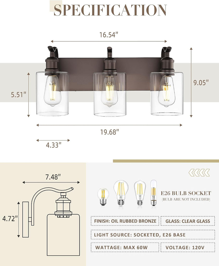 3-Light 20 Inch Bathroom Vanity Light,Clear Glass,Oil Rubbed Bronze | Over Mirror Wall Light,E26 sockets