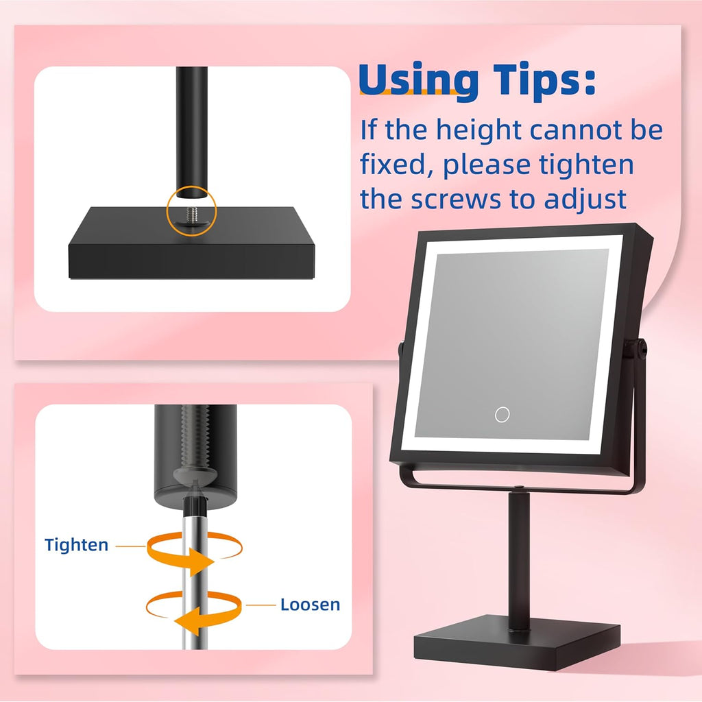Makeup Mirror with Lights, 4000mAh Rechargeable Magnifying Mirror with Light, 1X/10X, Height Adjustable Bathroom