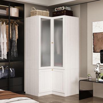 Corner Wardrobe, L-Shaped Modern Bedroom Armoires with Frosted Glass Doors and Hanging Rod, Corner Armoire Wardrobe