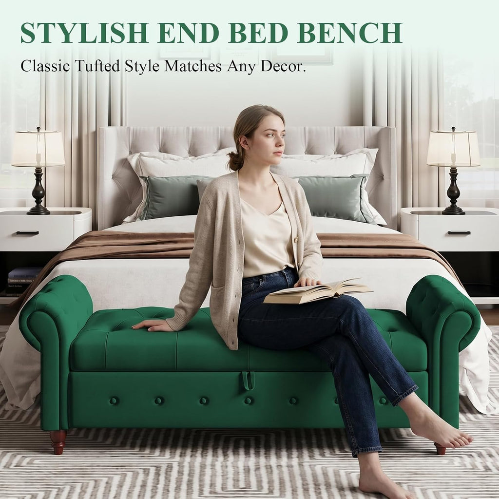 63'' Storage Ottoman Bench Tufted Entryway Bench Dark Green Velvet | Button Tufted End of Bed, Rolled Armed Ottoman
