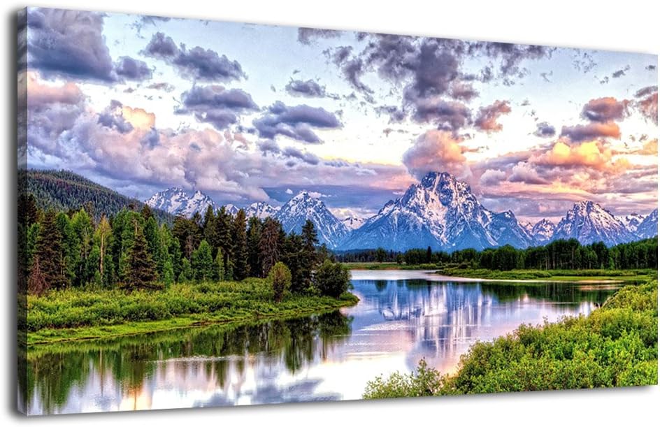 Landscape Canvas Wall Art Nature Picture Oxbow Bend Grand Teton National Park Modern Canvas Artwork River and Forest