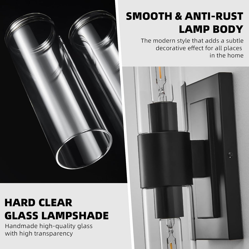 Black Wall Sconces Set of Two,Modern Bathroom Light Fixtures,2-Light Sconces Wall Lighting with Thickened Tempered