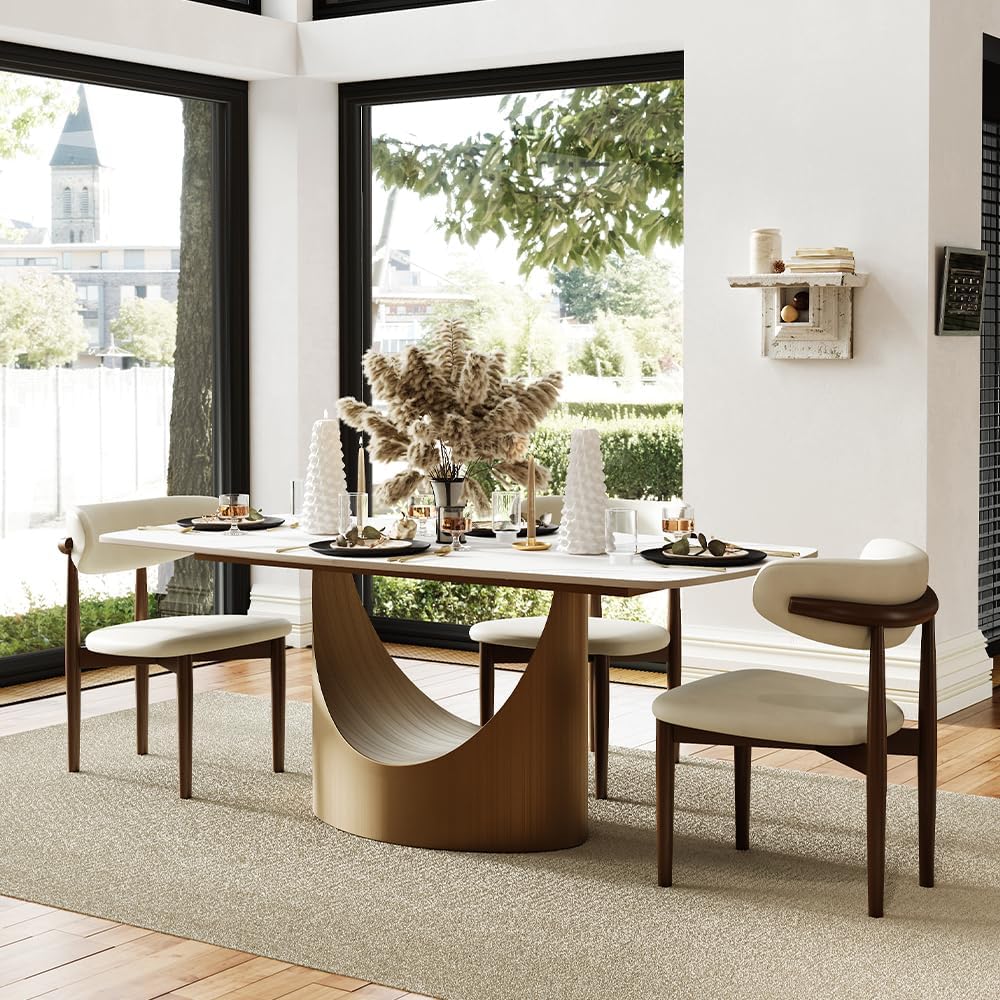 71" Hobart Modern Dining Table for 6-8, Matte White Dining Table Sintered Stone Dining Tabletop with Bronze Carbon