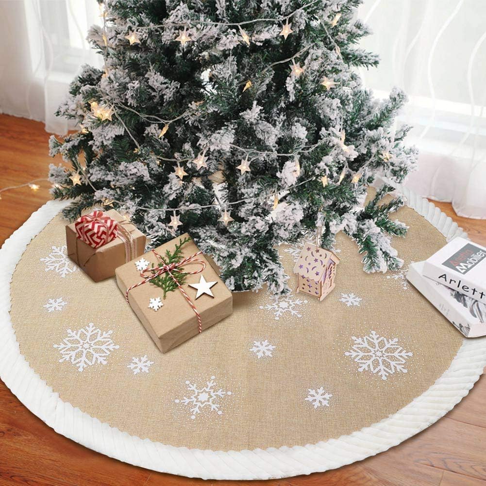 48inch Christmas Tree Skirt with White Snowflake, Burlap Tree Skirt with Fur Sides Farmhouse Christmas Tree Skirts