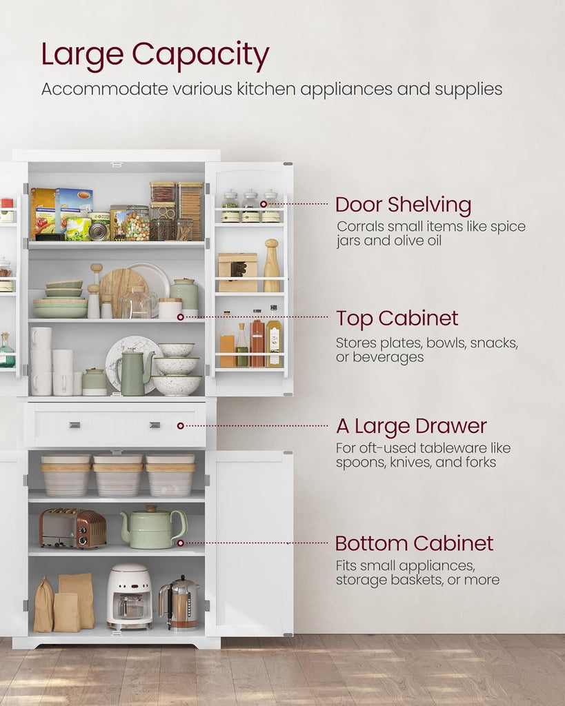 Pantry Cabinet, Tall Storage Cabinet with Drawer, 71.7-Inch | Freestanding cupboard with 2 cabinets, 4 adjustable