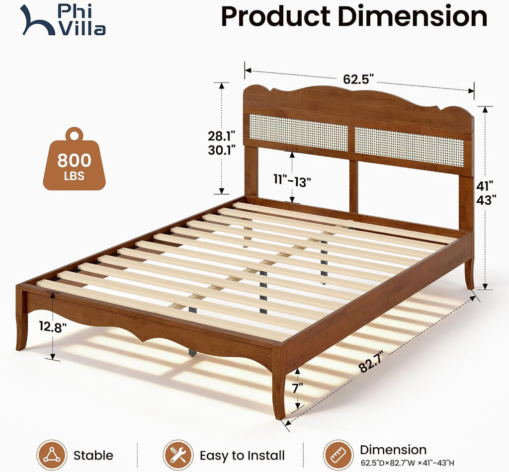 Rattan Queen Bed Frame with Headboard, Natural Solid Wood Bed Frames, Vintage Bedframe, No Box Spring Needed, Brown