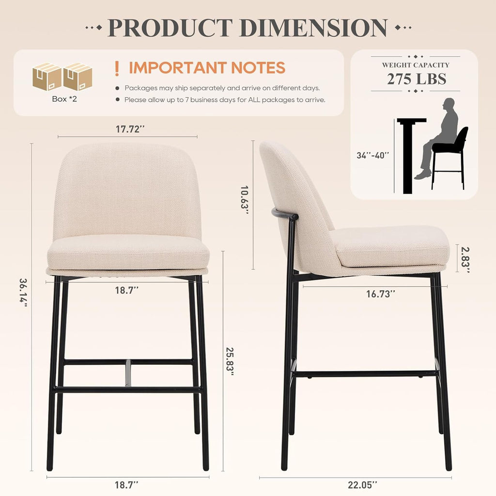 Counter Height Bar Stools Set of 4, 25 Inch Modern Fabric Kitchen Island Stools with Back, Upholstered Counter