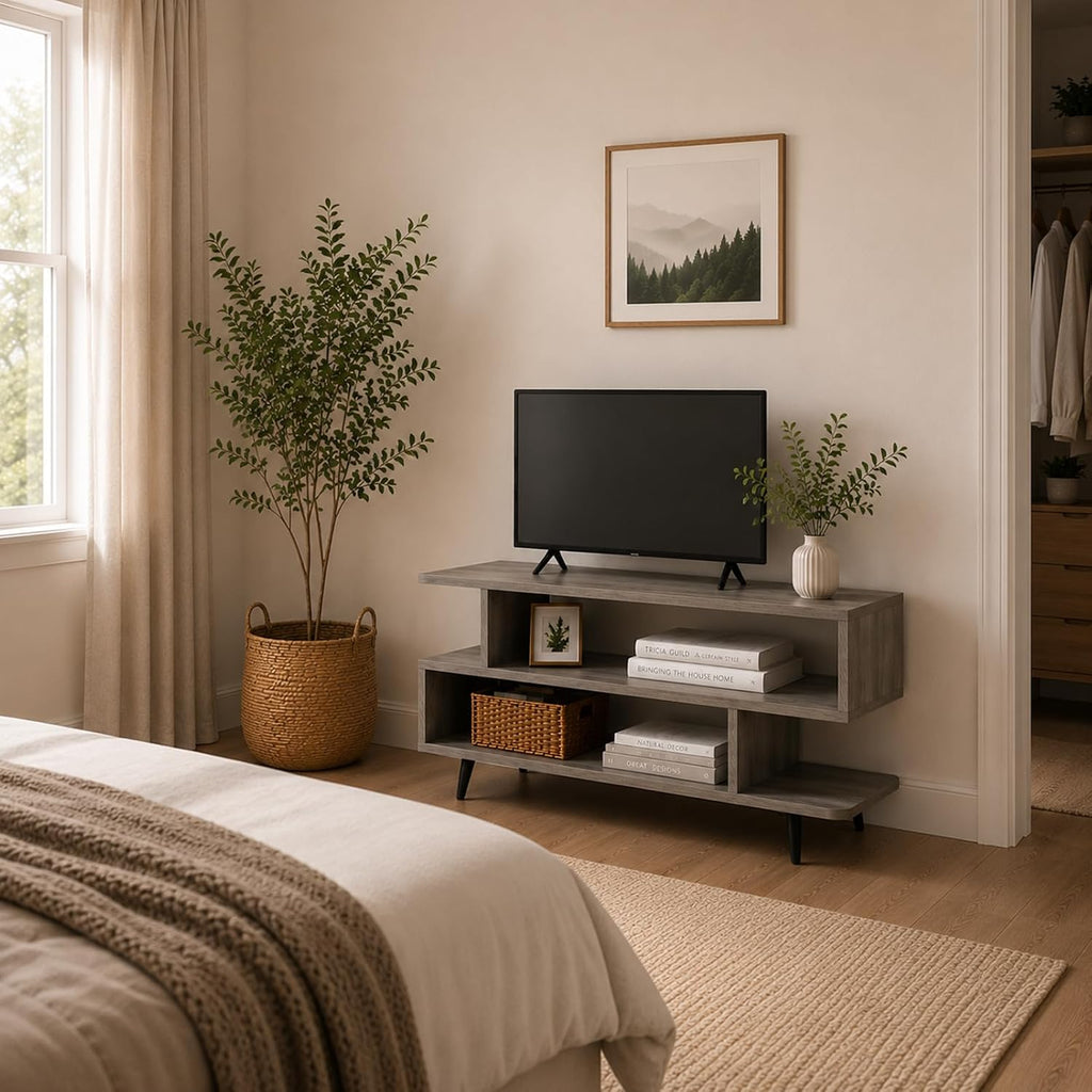 45 inch TV Stand, Mid Century Modern TV Stand, Entertainment Center with 3-Tier Open Storage Shelves, Media Cabinet