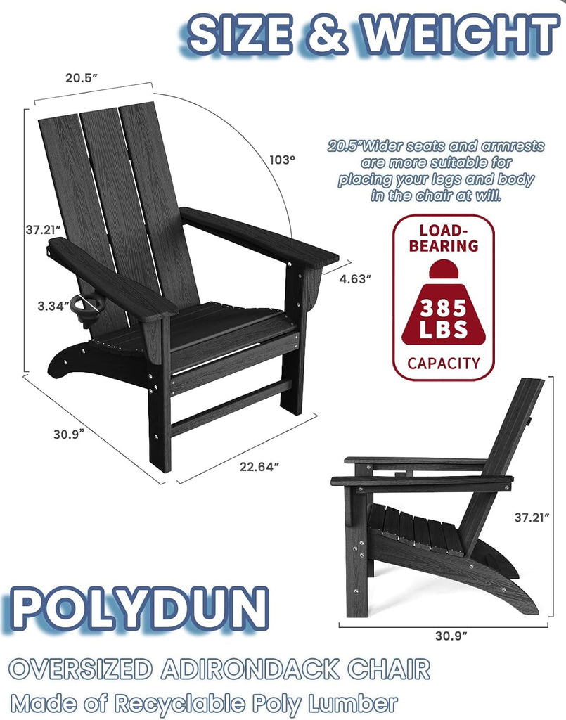 Modern Adirondack Chair with Cup Holder, HDPE Plastic Patio Chairs | Wood Texture Outdoor Chairs, Lawn Chairs for
