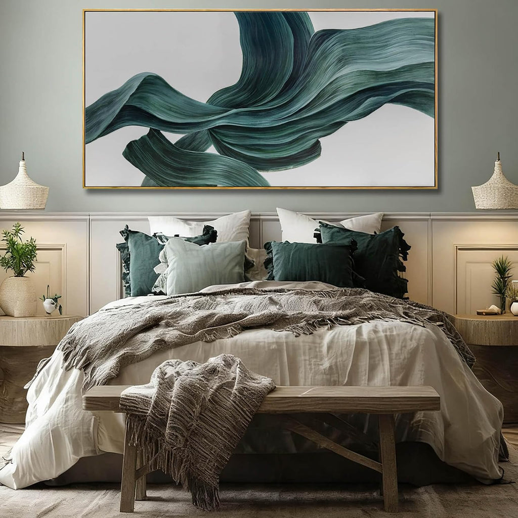 Green Abstract Canvas Wall Art, Large Framed Artwork with Wooden Frame, Pictures Wall Decor, Contemporary