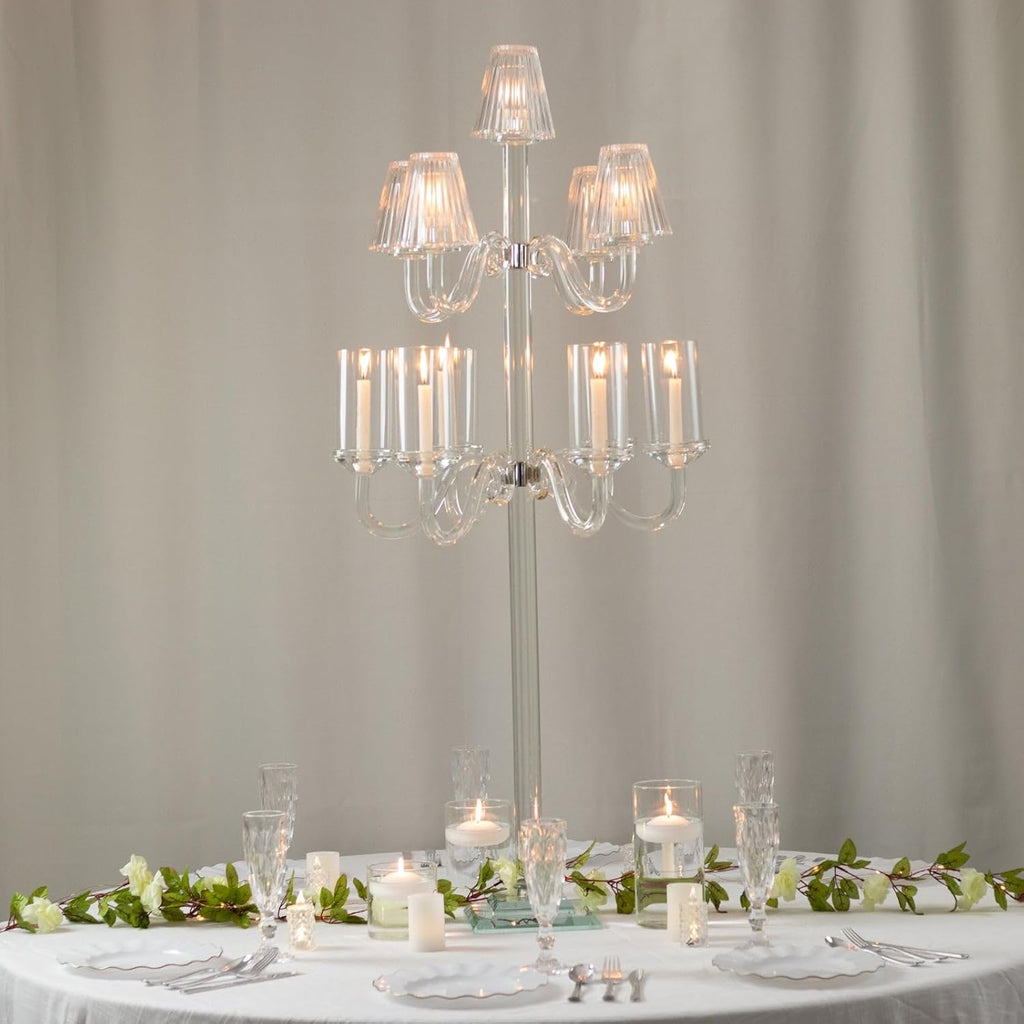 Crystal Glass Floor Candelabra - 11-Arm Candle Holder for Taper & Tealight Candles, Classic Ribbed Empire