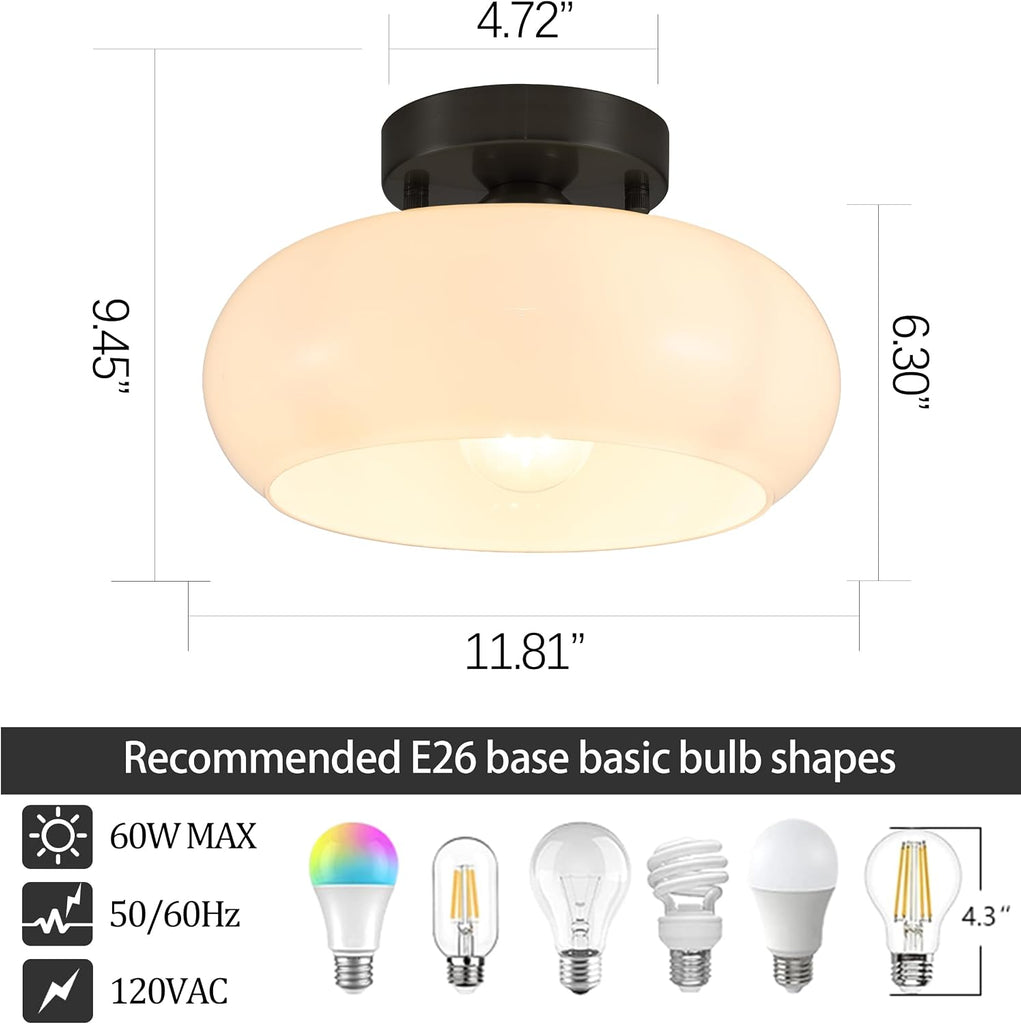 Black Semi Flush Mount Ceiling Light, Mid Century Modern Ceiling Light with Frosted Glass Shade, 11 Inch Close to