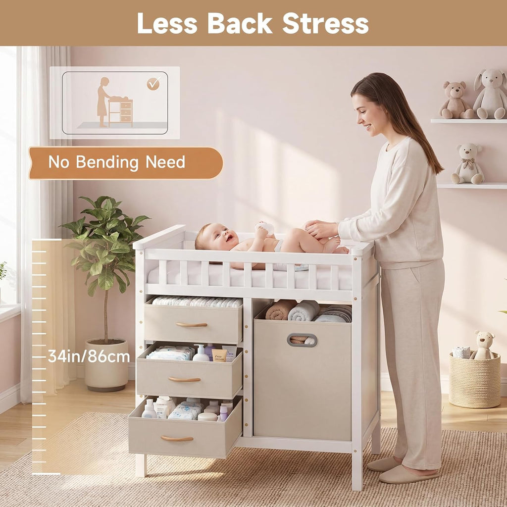 Wooden Baby Changing Table with Comfy Changing Pad, 3 Fabric Drawers, Laundry Hamper, Safety Belt, Diaper Station