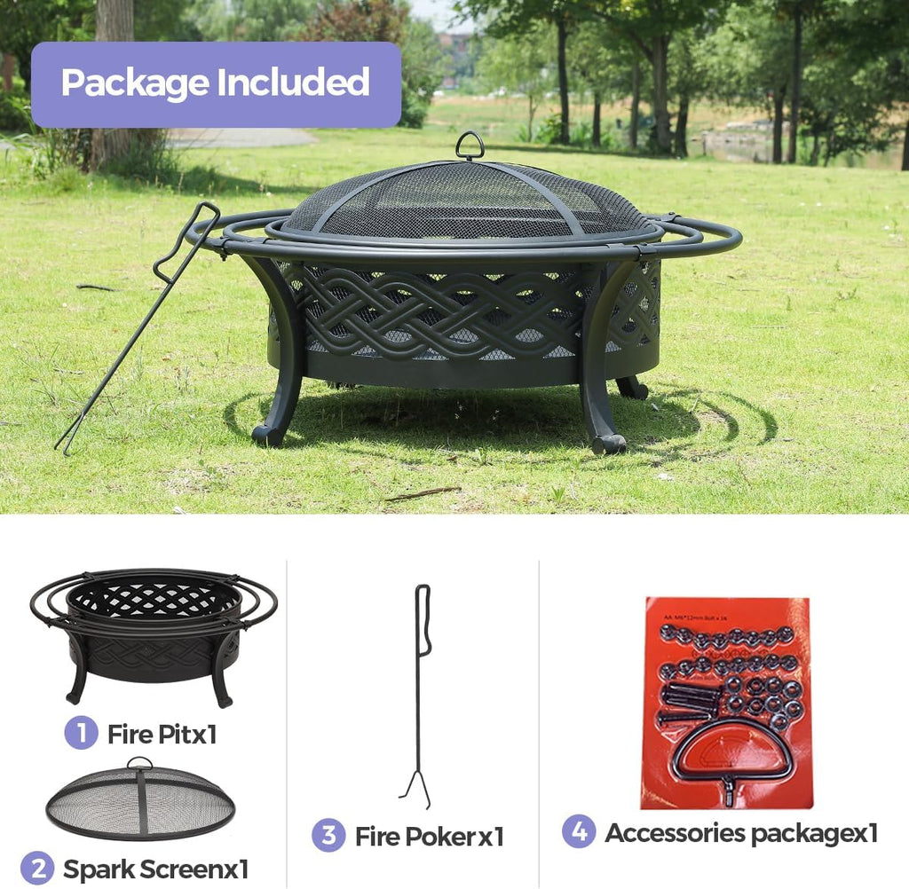 36 Inch Fire Pit with 2 Loops,Crossweave Wood Burning Fire Pits for Outside,with Spark Screen,Fire Poker,Round Outdoor F