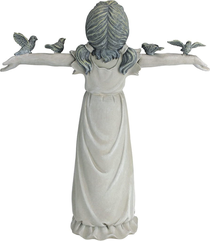 Basking in Glory Little Girl with Birds Outdoor Garden Statue, Medium, 16 inches tall, Cast Stone Resin, Two Tone