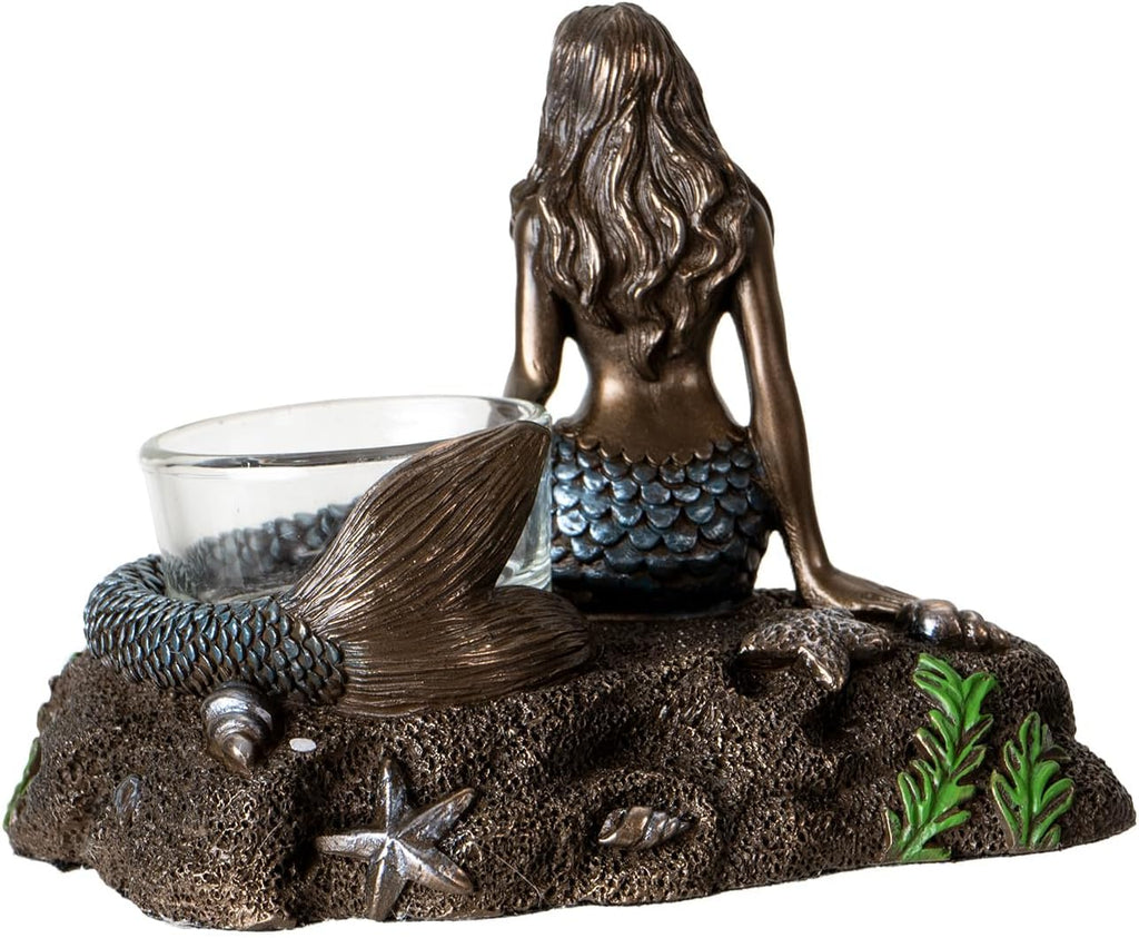 Nautical Mermaid Votive Tealight Candle Holder, Bronze and Blue Decorative Figurine with Glass Cup, Ocean Theme Res