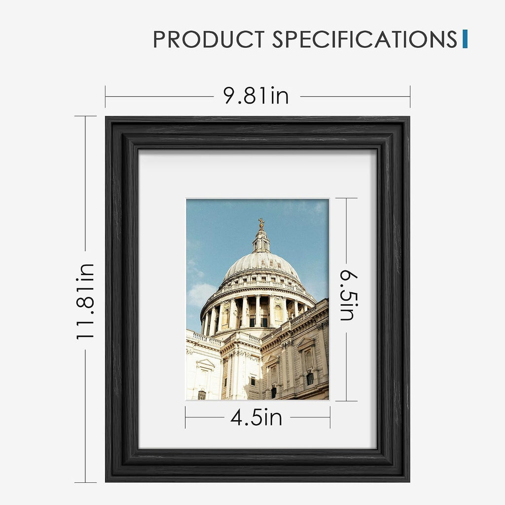 8x10 Picture Frame Set of 6, Wall or Tabletop, Black Woodgrain | Display 5x7 with Mat or 8x10 Without Mat, Horizontal