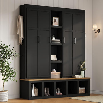 Modern Farmhouse Hall Tree with Bench, 4-in-1 Entryway Storage Cabinet & Shoe Organizer with Hooks, Black