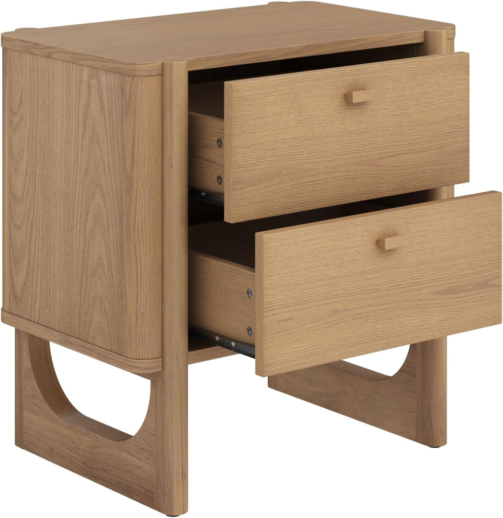 Solace Mid Century Modern 2 Drawer Nightstand with Solid Wood Frame and Rounded Details, Raw Oak