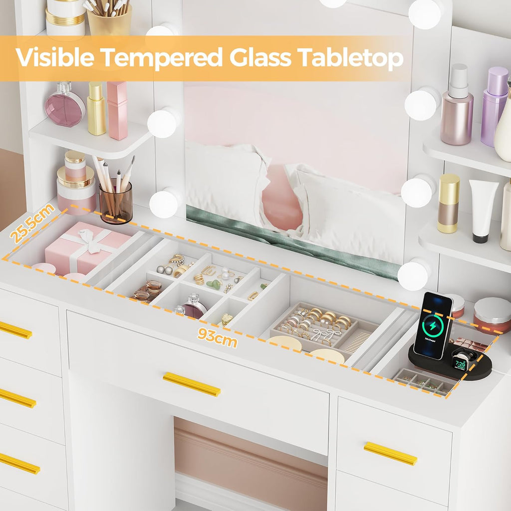 Large Vanity Desk with Mirror and Lights,Glass Top,9 Drawers | White Makeup Vanity Table with 4 Storage