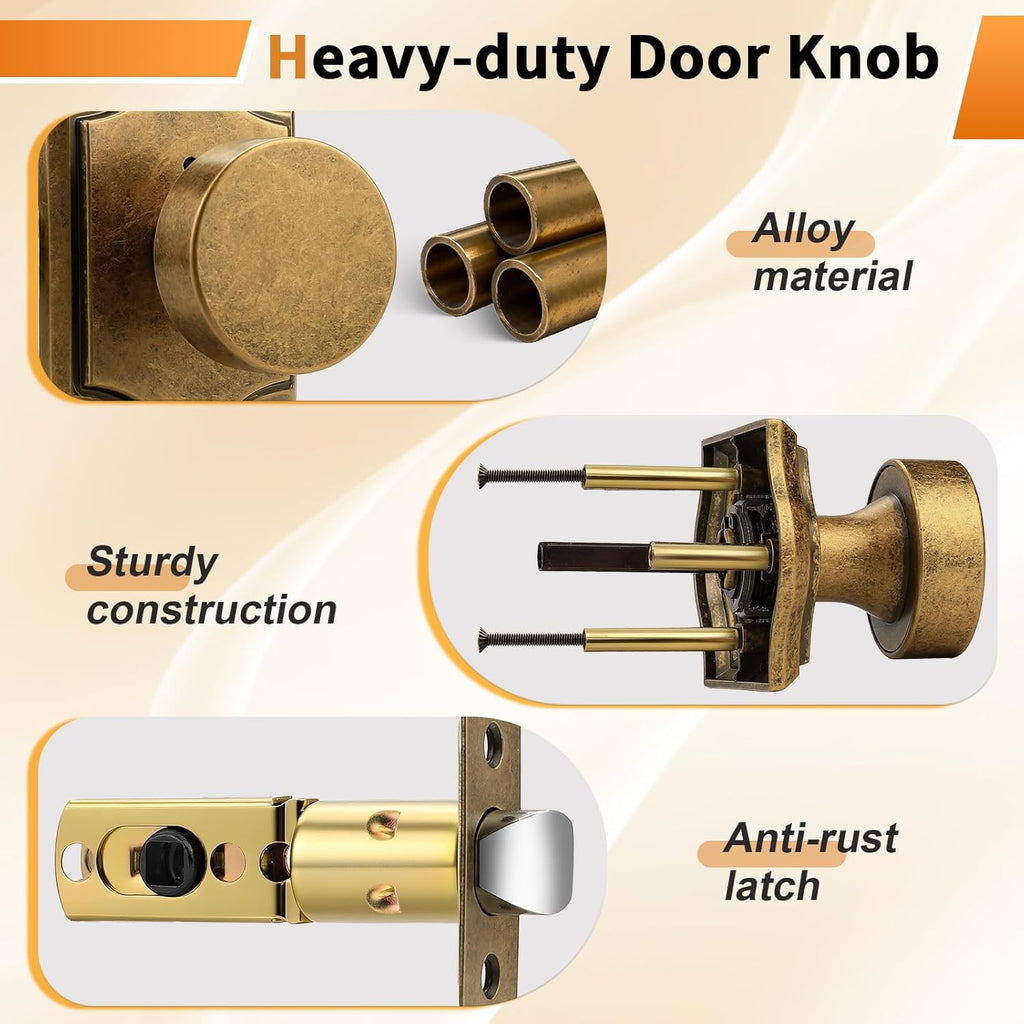 Antique Brass Door Knobs Interior, Privacy Door Knobs Bathroom, Heavy Duty Interior Door Knob with Push Button Lock