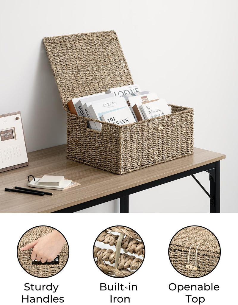 Seagrass Wicker Baskets for Organizing, Large Wicker Basket with Lid, Decorative Basket with Built-in Handles