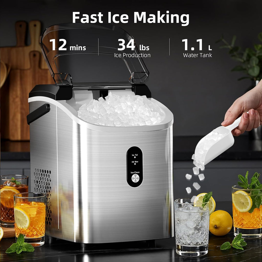 Nugget Ice Maker Countertop with Soft Chewable Ice, Portable Sonic Ice Maker with Basket and Scoop, Removable Top