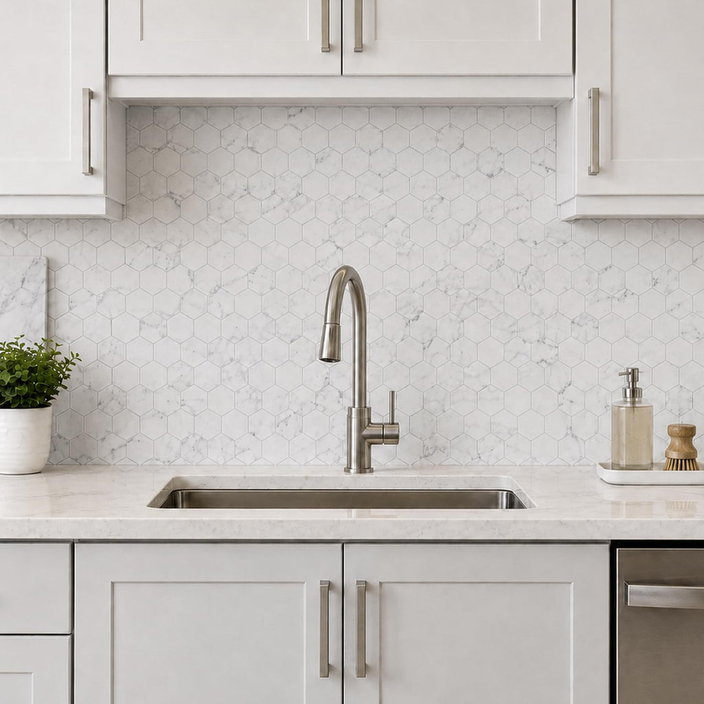 2 Inch Hexagon White Marble Mosaic Tile, Stone Tile Backsplash Bathroom Shower Wall Floor, Contempo Blue (5 Sheet