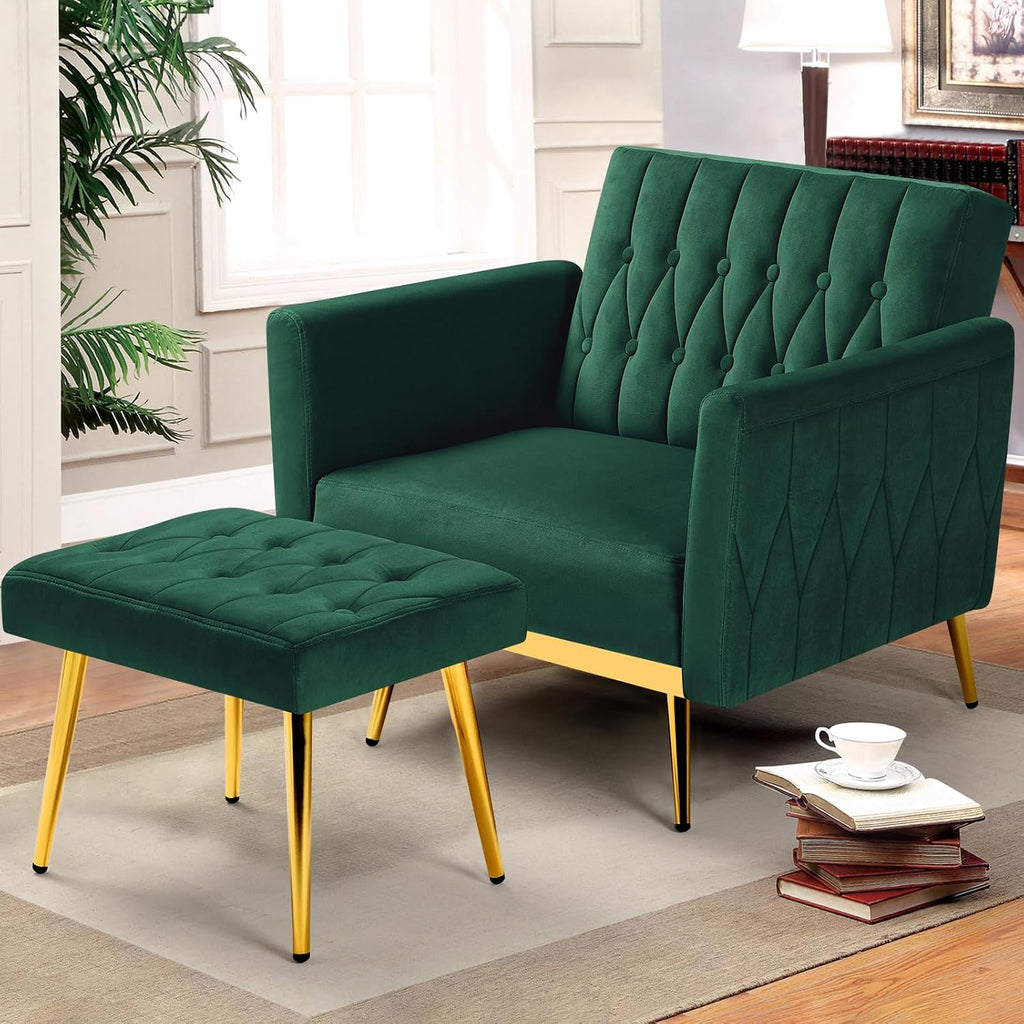 Velvet Accent Chair with Adjustable Armrests and Backrest, Button Tufted Lounge Chair, Single Recliner Armchair with