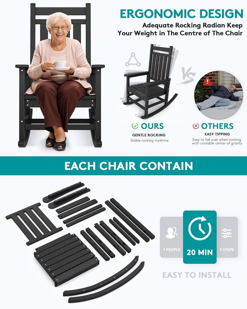 Outdoor Rocking Chair Set of 2, HDPE Rocking Chairs for Adult, Black