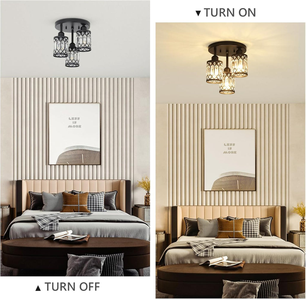 Semi Flush Mount Ceiling Light,3-Light Modern Crystal Close to Ceiling Light Fixtures, Black Kitchen Light Fixtures