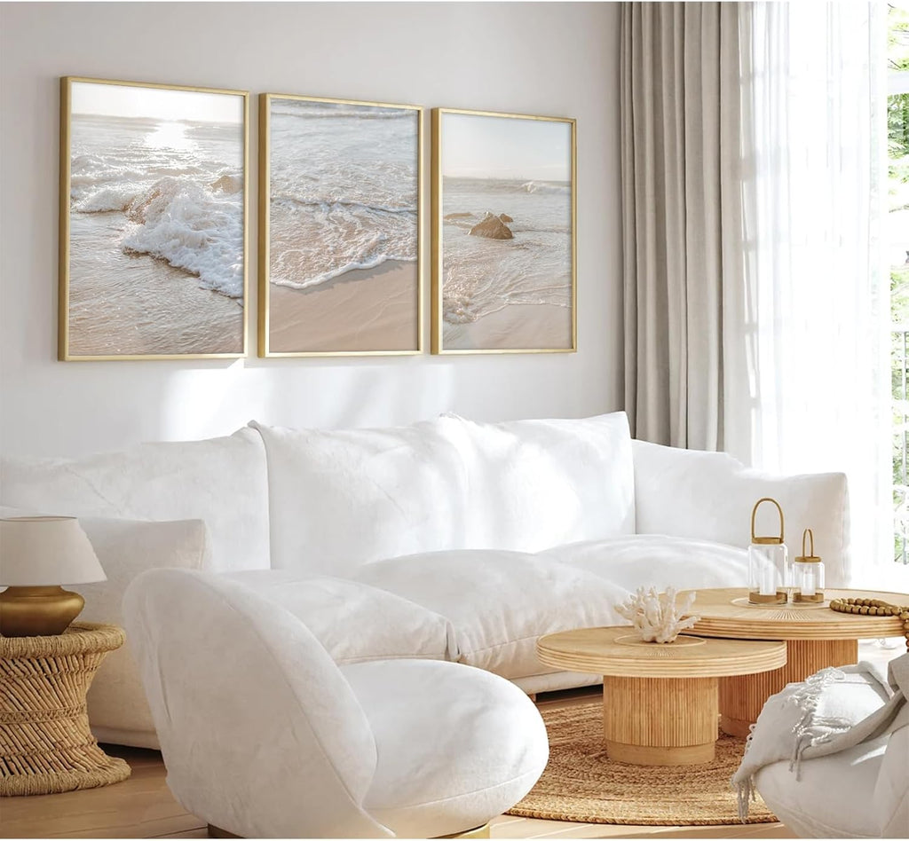 Beach Wall Art Decor Coastal Wall Art Pictures Ocean Canvas Wall Art Beige Beachy Wall Decor Boho Beach Prints Ocean - Set of 3