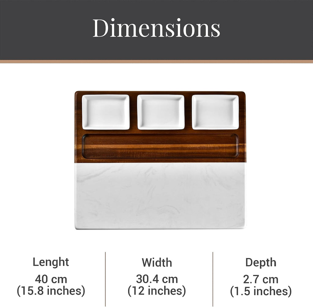 Wood Marble Cheese Board Set - Acacia & Marble Charcuterie Board with 3 Removable Ceramic Bowls & Stainless Steel