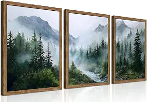 Framed Forest Wall Art Set of 3, Misty Mountain Landscape Canvas Wall Decor Paintings, Nature Tree River Scenery