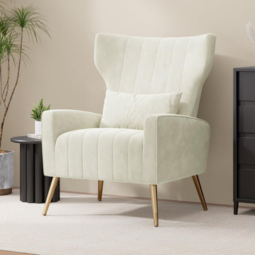 Velvet Accent Chair Wingback , High Back Arm Chair with Golden Legs Lumbar Pillow, Upholstered Single Sofa Bedroom